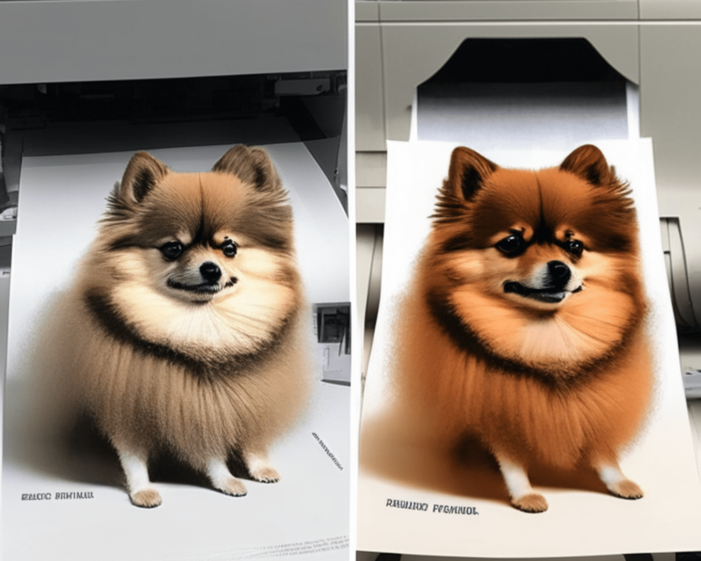 printers printing out colored pictures of pomeranians